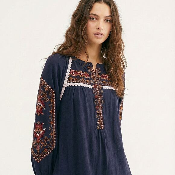 Free People Mini Tunic Embroidered Drop Waist Balloon Sleeve - S - New - Picture 2 of 8
